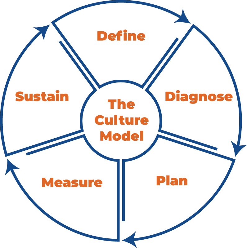graph that says define diagnose sustain measure plan with the words the culture model in the center