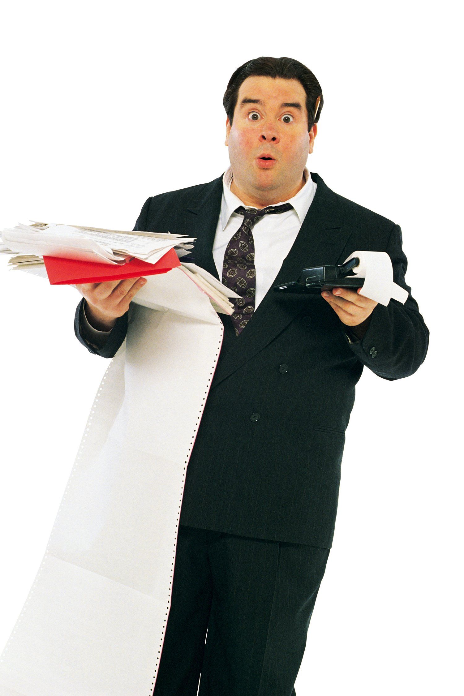 surprised man in suit with papers in hand