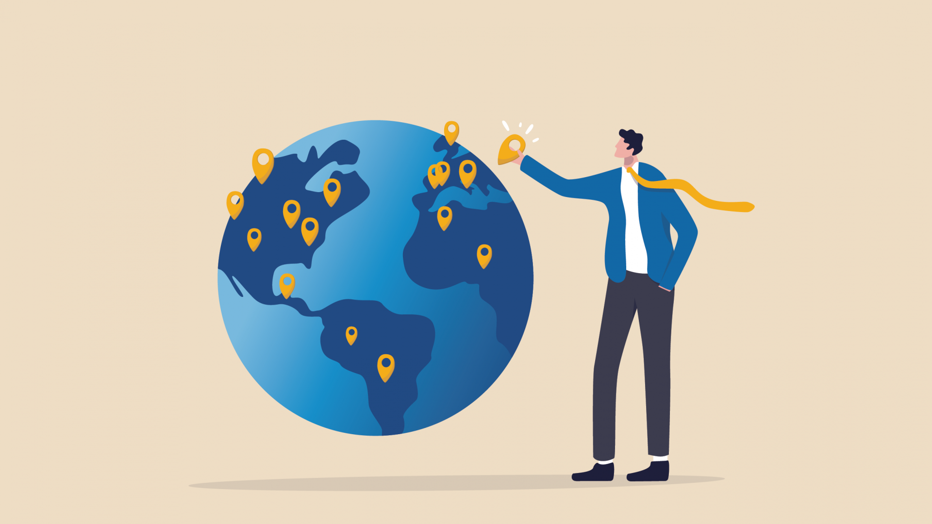 illustration of man in suit putting location mark on the world